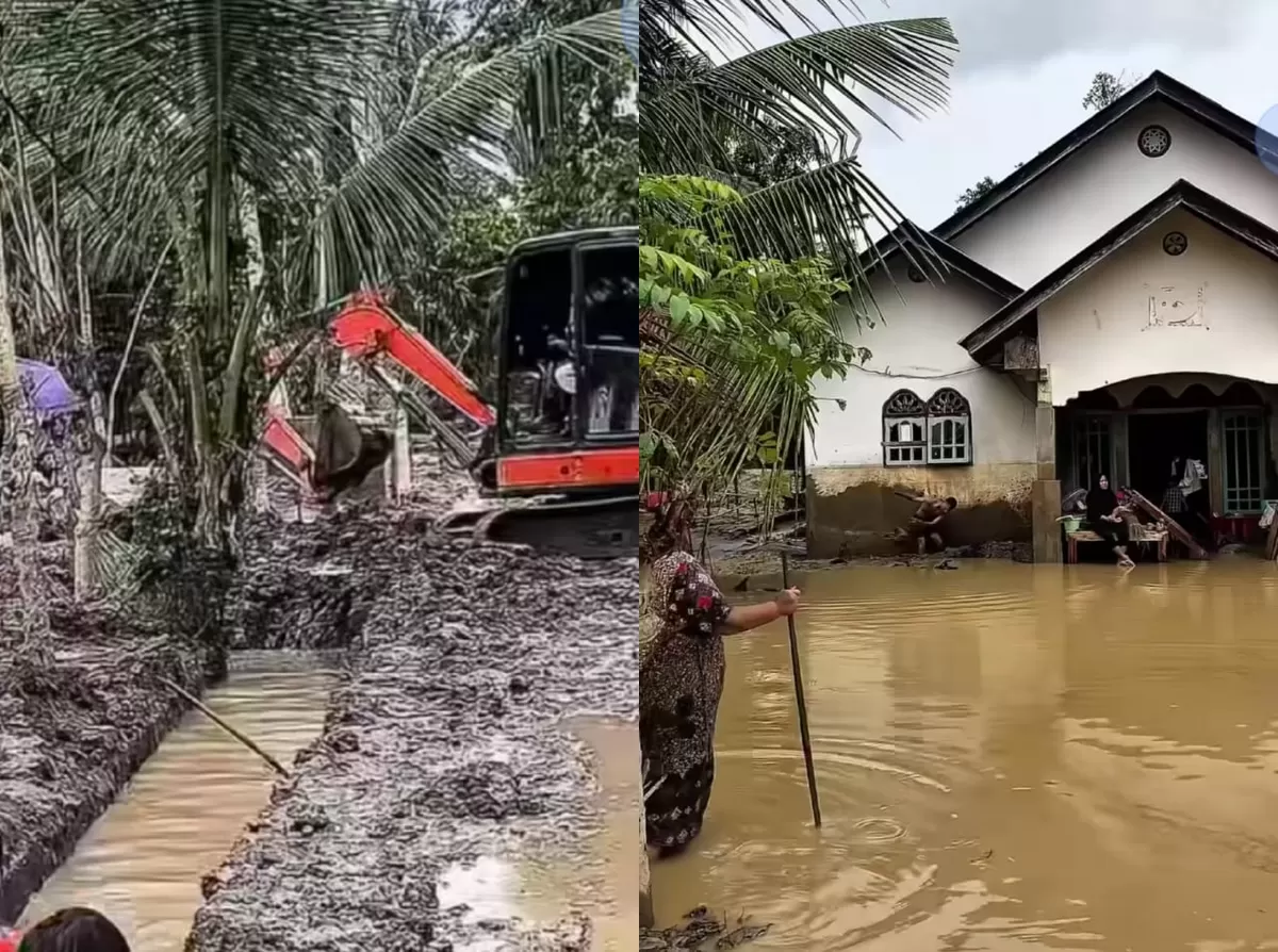 Warga di Aceh Timur harus menggunakan alat berat untuk bersihkan lumpur yang mengendap di rumahnya. (Instagram/bg_dosen)