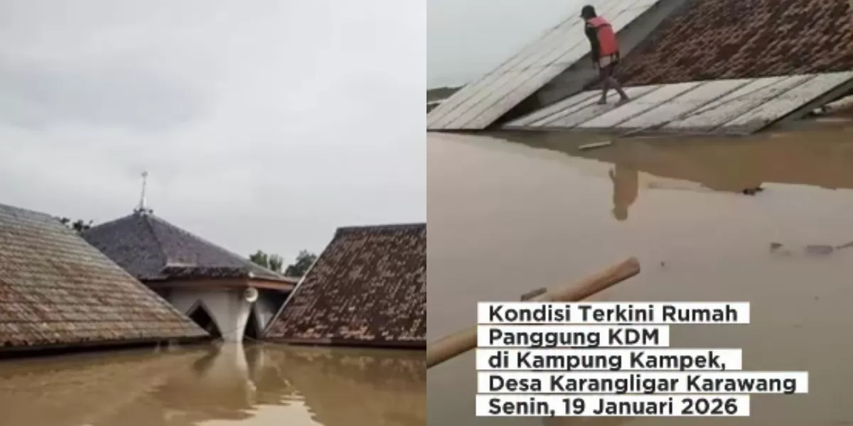 Menyoroti insiden viral rumah panggung yang dibangun Gubernur Jabar, Dedi Mulyadi alias KDM terendam banjir di Telukjambe Barat, Karawang. (Instagram.com/@karawanginfo_official)
