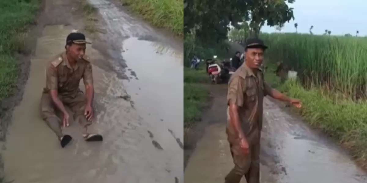 Menyoroti aksi viral di medsos, seorang kepala desa (Kades) di Sragen, Jawa Tengah mandi lumpur sebagai bentuk protes jalan tak kunjung diperbaiki. (Instagram.com/@undercover.id)