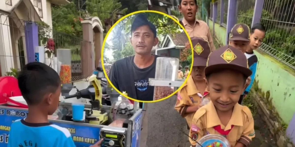 Menyoroti aksi pedagang asal Temanggung, Jawa Tengah yang viral di media sosial usai bikin takjub anak-anak yang membeli minuman jualannya. (Instagram.com/@ussfeeds)