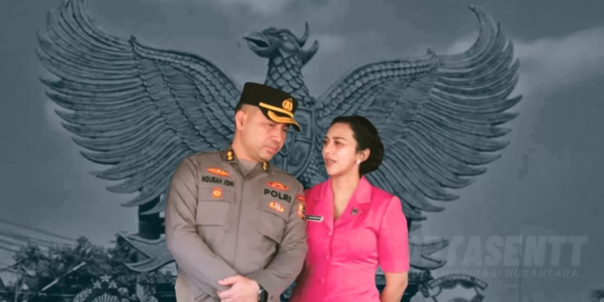 AKBP I Gede Ngurah Joni Mahardika dan Ny. Dhana Ngurah Joni/ backround foto onumen Garuda Pancasila yang berdiri megah di depan pintu gerbang Polres Ende. (Foto/ Dok. Reportasentt)