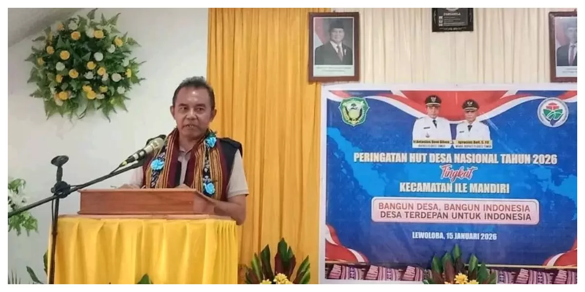 Bupati Flores Timur Antonius Doni Dihen memberi sambutan Hardesnas 2026 di Desa Lewoleba, menegaskan desa sebagai fondasi pembangunan daerah ekonomi lokal berkelanjutan nasional. (Foto: Elen Labina/ Reportase NTT)