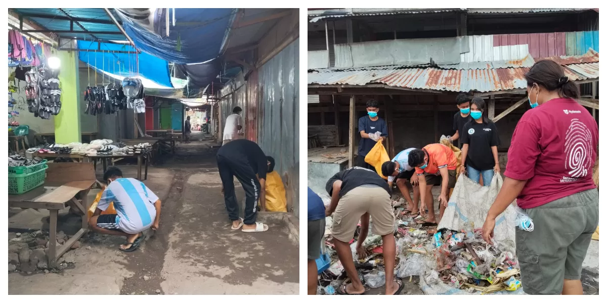 Para seminaris SMAS Seminari San Dominggo bersama guru dan petugas kebersihan membersihkan sampah di Pasar Daerah Larantuka, Sabtu (17/1/2026) pagi aksi peduli lingkungan. (Foto Elen Labina)