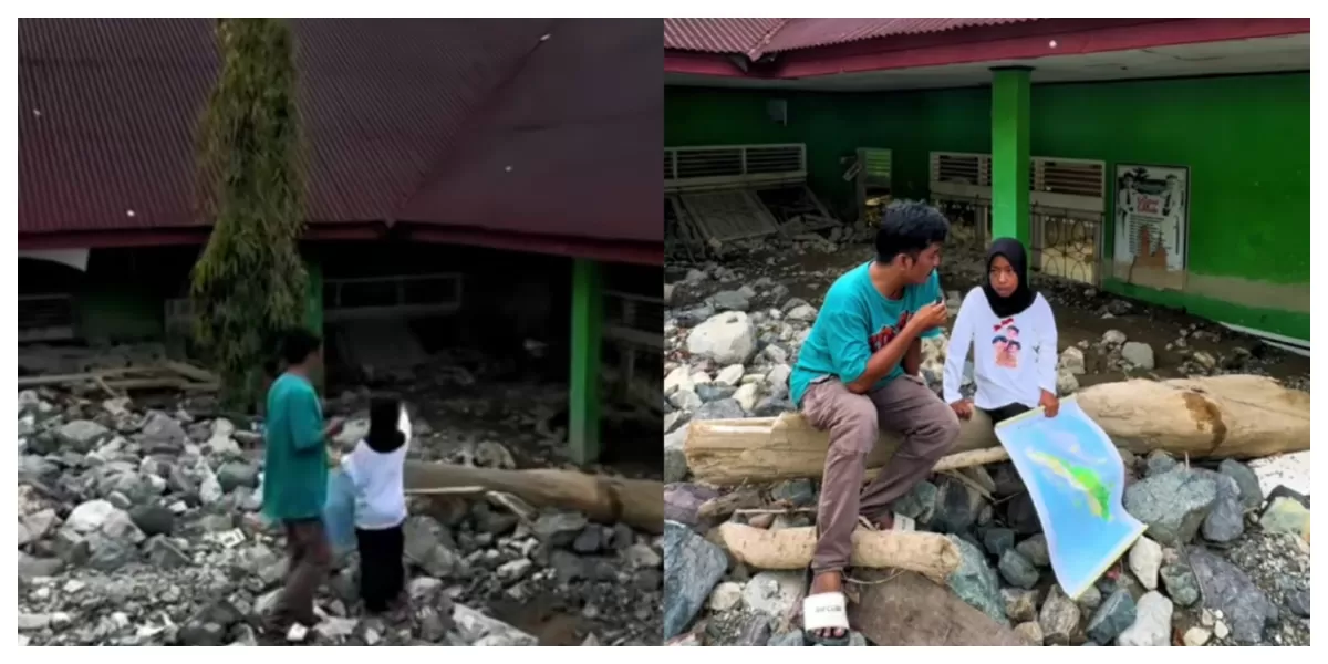 Bocah di Sumatera Barat berharap bantuan untuk sekolahnya usai bangunan rusak diterjang banjir bandang. (Instagram/ajo_wayoik)