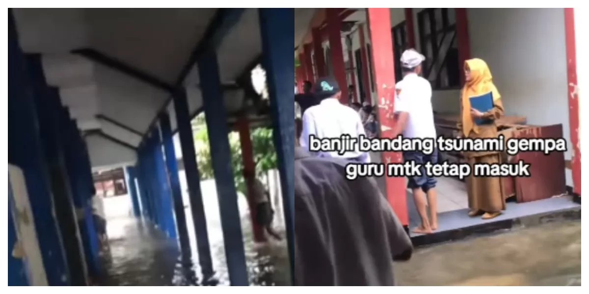 Mengintip peristiwa viral di medsos tentang seorang guru matematika di SMK Serang, Banten, yang tetap mengajar meski sekolahnya terendam banjir. (Instagram.com/@undercover.id)