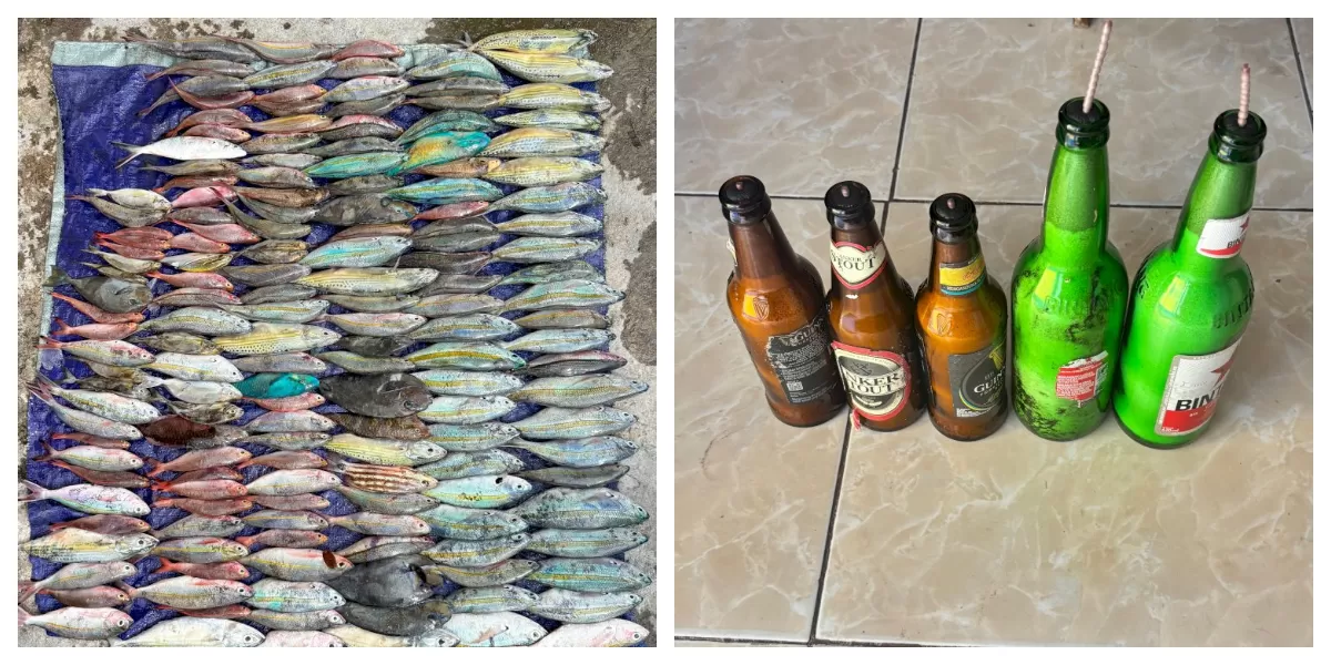 Petugas Ditpolairud Polda NTT mengamankan pelaku dan barang bukti bom ikan hasil pengungkapan kasus penangkapan ikan ilegal di perairan Sikka. (Foto TBN Polda NTT)