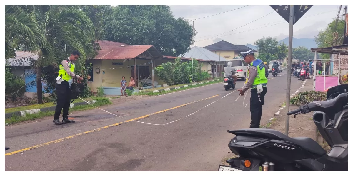 Petugas Satlantas Polres Flores Timur melakukan olah TKP kecelakaan lalu lintas di Jalan Negara Trans Flores Timur&ndash;Sikka, Senin pagi. (Foto: beritaterkiniblogadres.blogspot.)