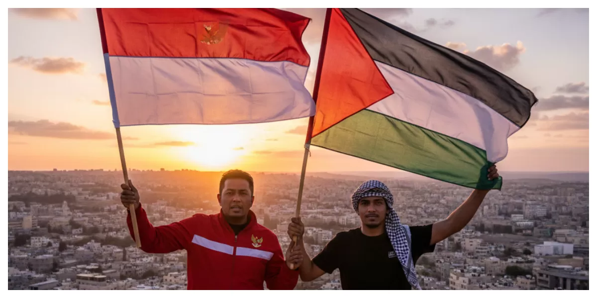 Dua pemuda sedang mengibarkan bendera RI dan Palestina. (Foto/ OnepicAI)