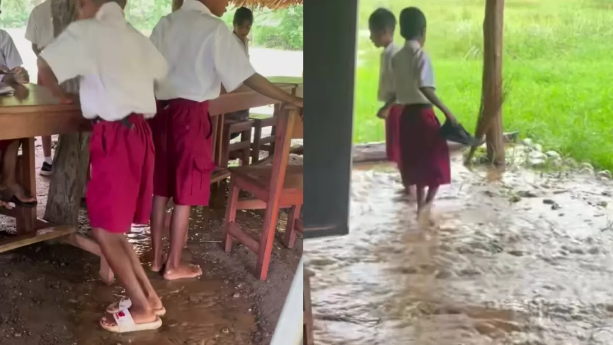 Kondisi memprihatinkan SD Leomanu di Desa Nunuanah, Kupang, NTT yang kebanjiran tiap hujan turun. (Instagram/fnrbtwyh