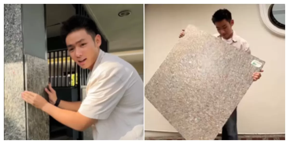 Jerhemy Owen memperlihatkan dinding pabrik mini yang dilapisi papan daur ulang plastik berbahan sampah sachet dengan tampilan bergelombang dan estetik.
