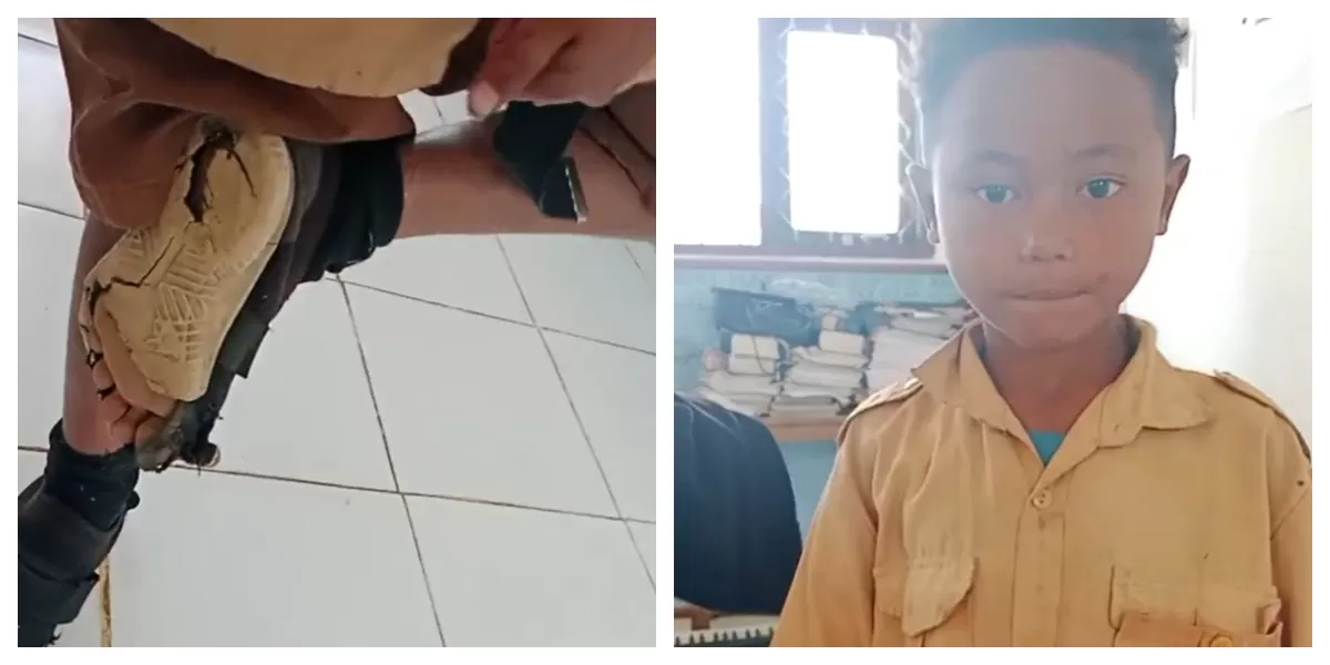 Marselinus Beke, siswa kelas 1 SD Inpres Golo Lambo, Manggarai, menunjukkan sepatu rusak yang dikenakannya saat berangkat sekolah setiap hari.  