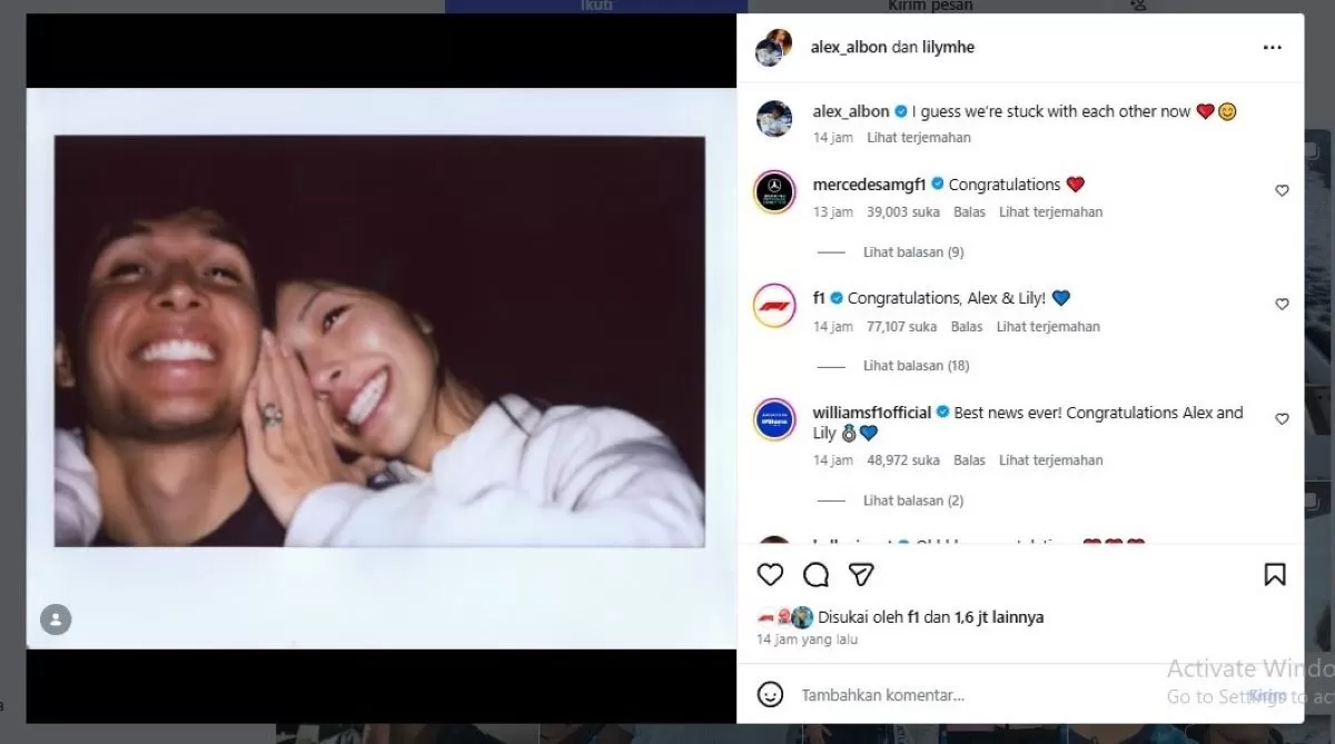 Pembalap F1 Alex Albon umumkan pertunangannya dengan pegolf profesional melalui Instagram (@alex_albon)