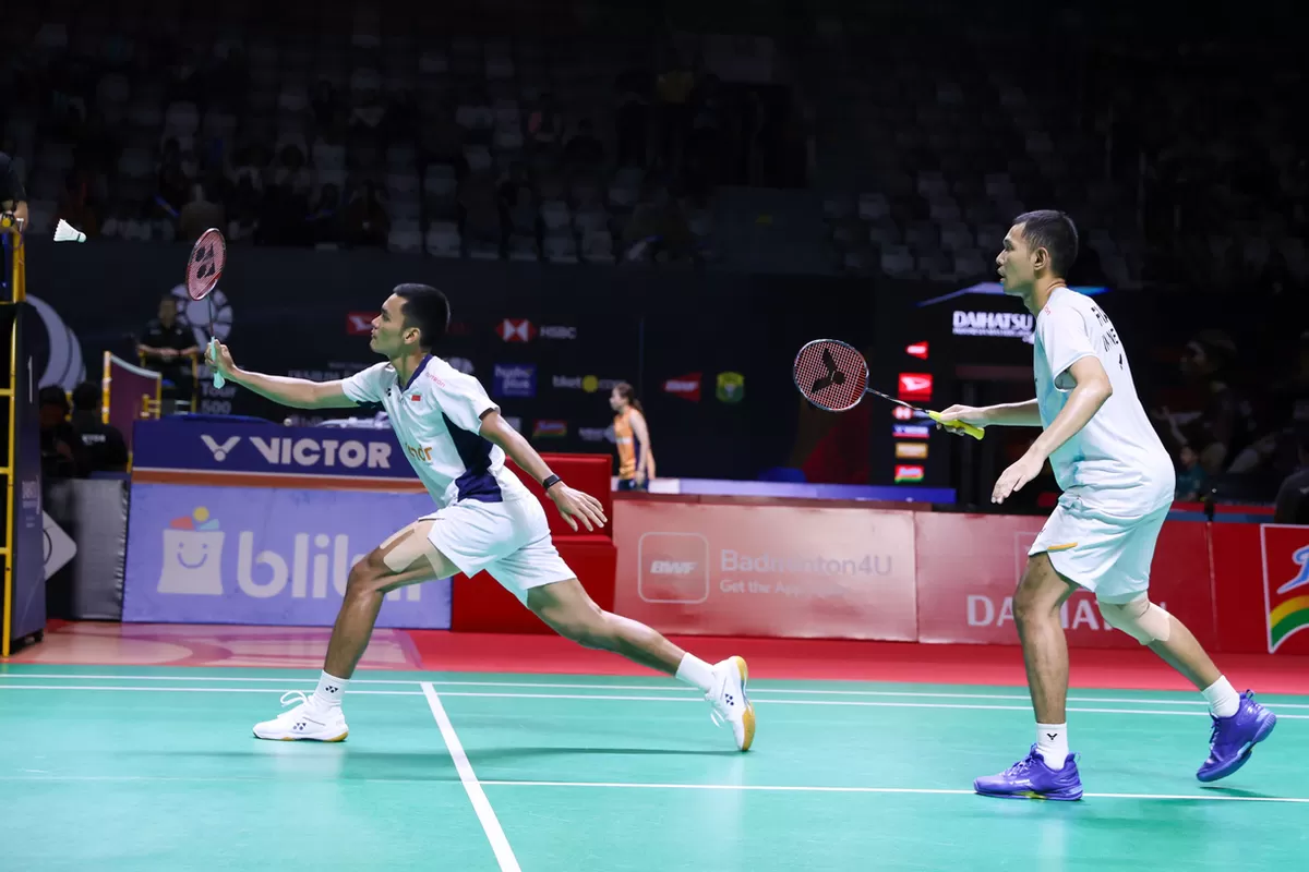 Pasangan ganda putra Indonesia, Fajar Alfian/Muhammad Shohibul Fikri di babak pertama Indonesia Masters 2026, di Istora Senayan, 20 Januari 2026. (PBSI)
