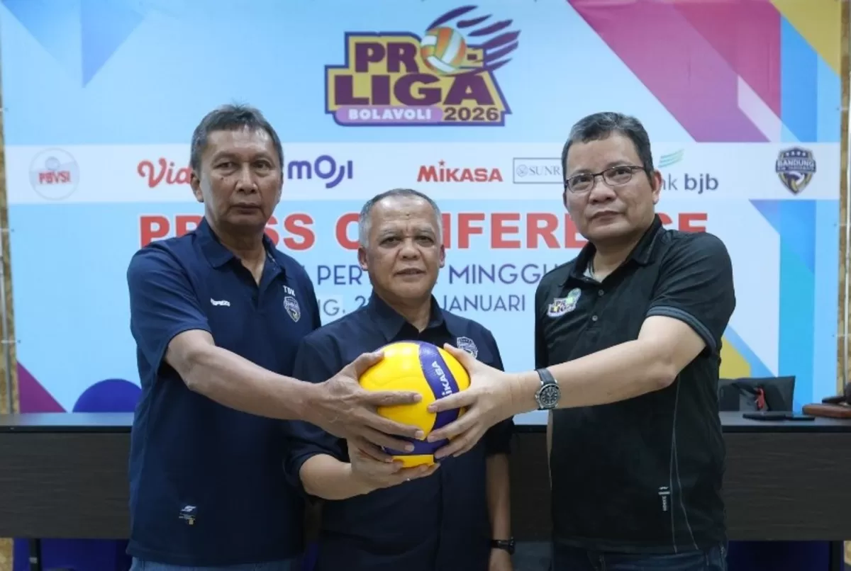 Pelaksanaan jumpa pers putaran pertama seri III Proliga 2026 di GOR Sabilulungan, Kab. Bandung. Bandung bjb Tandamata akan menjadi tuan rumah seri ini. (PBVSI)