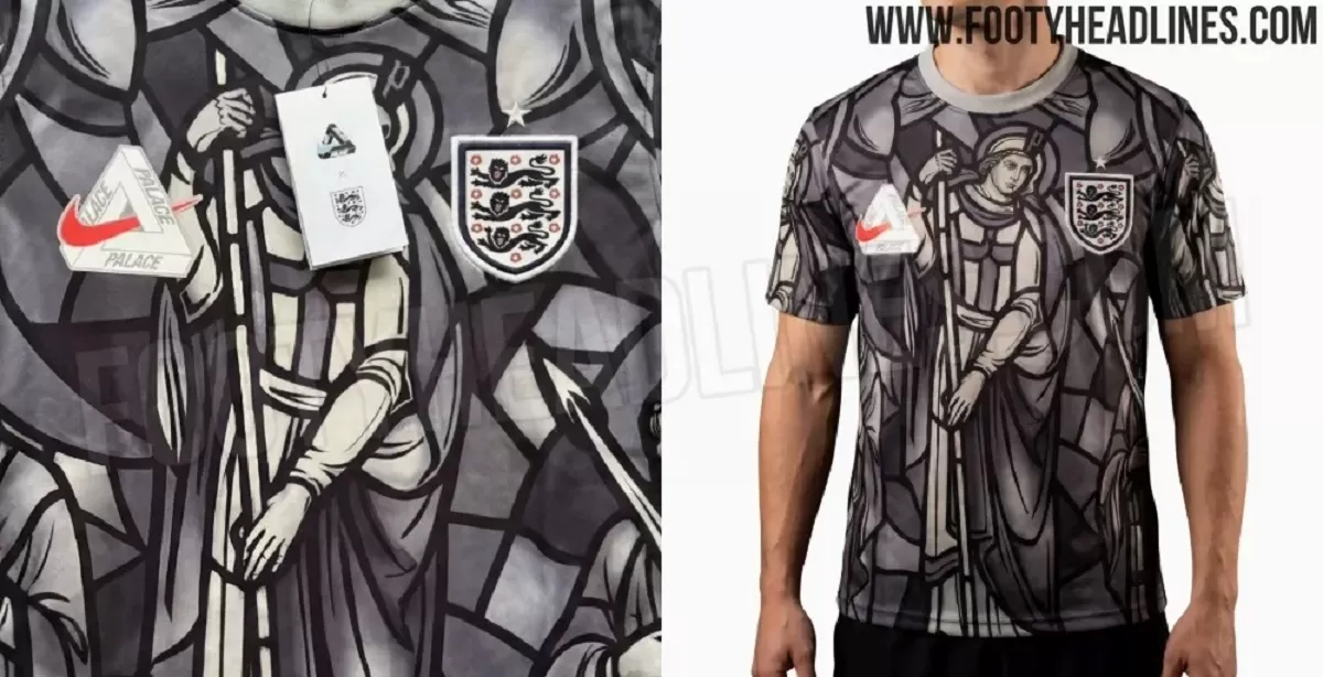 Sebuah kaus pemanasan yang mencolok juga muncul setelah Nike meninggalkan logo St George&rsquo;s Cross berwarna ungu dan biru yang kontroversial.  (footyheadlines)