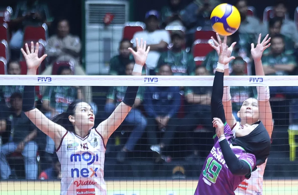 Sang juara bertahan Jakarta Pertamina Enduro (JPE) saat melawan Medan Falcons di laga penutupan putaran pertama Proliga 2026 di Gresik, Jumat, 30 Januari 2026. (PBVSI)