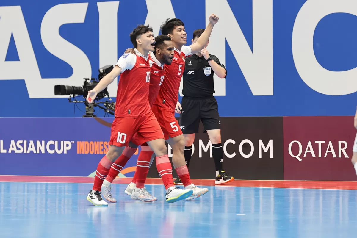 Selebrasi pemain Timnas Futsal Indonesia usai bobol gawang Iran di final Piala Asia Futsal 2026. (FFI)