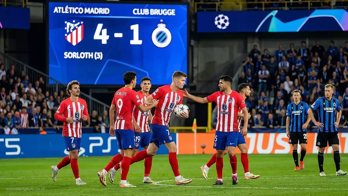Pemain Atletico Madrid, Alexander Sorloth saat melawan Club Brugge. (AP Photo)