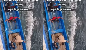 Viral! Diduga Ketinggalan Kapal, Pria Ngejar dengan Sampan dan Kompak Ditarik Penumpang Pakai Tali Seadanya