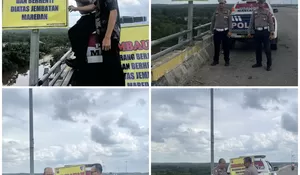 Cegah Macet dan Laka, Polsek Tualang Pasang Spanduk Larangan di Jembatan Maredan