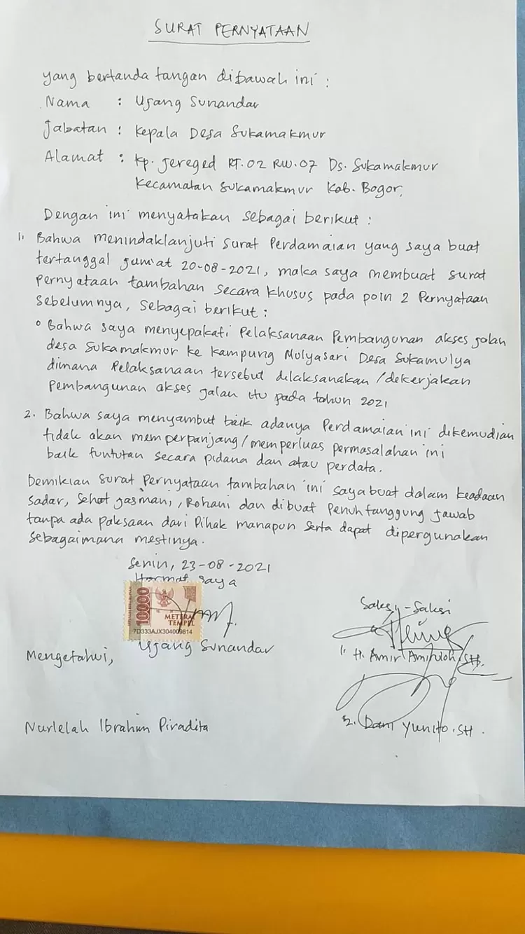 Surat pernyataan dukungan Kades Sukamakmur.