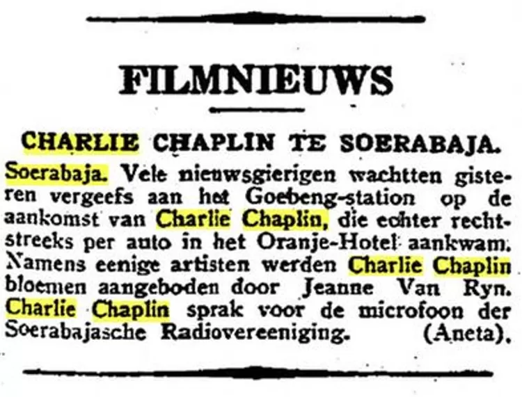 Pemberitaan dari surat kabat Het Vaderland saat Charlie Chaplin saat mengunjungi Hotel Majapahit. 