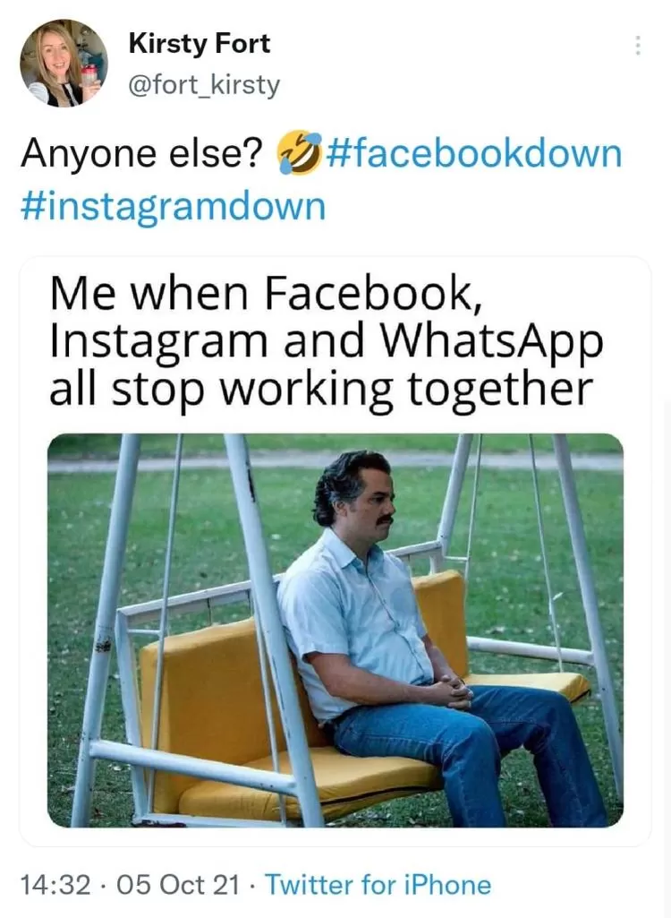 Salah satu meme dari netizen luar negeri ('Aku saat Facebook, Instagram dan WhatsApp tidak berfungsi secara bersamaan').