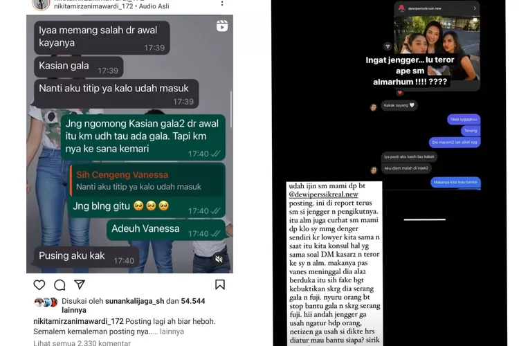 Postingan Nikita Mirzani (kiri) dan Postingan Bebizie tentang chat Vanessa Angel ke Dewi Perssik (kanan).