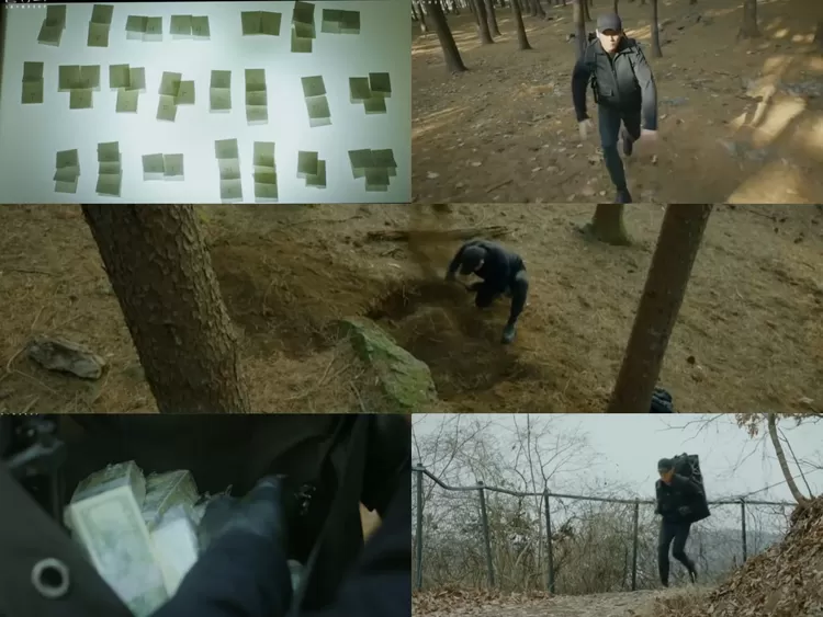 Soo Ho yang mencari tas ransel hitam besar berisi uang dan senjata di bukit belakang asrama Universitas Wanita Hosu