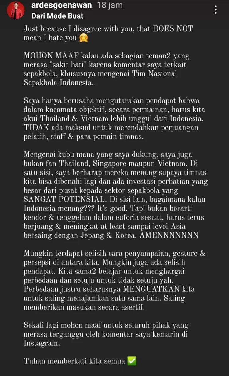 Ardes Goenawan minta maaf