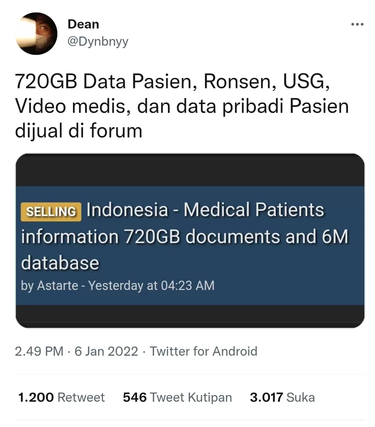 VIRAL Twitter, 720 Gigabyte Data Pasien Milik Kemenkes Diduga Bocor, Dijual di Forum Gelap