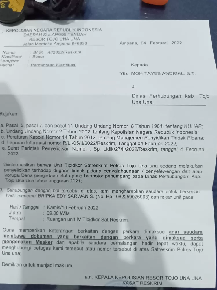 Surat pemanggilan Kabid di Perhubungan Tojo Una Una Moh. Tayeb Andria. Foto: dok iNSulteng.com