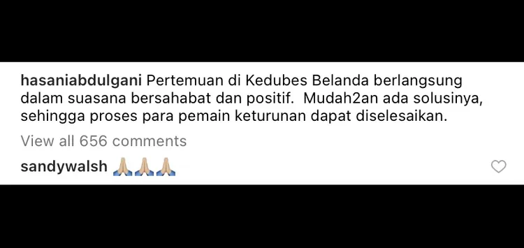 Sandy Walsh cantumkan komentar di unggahan Instagram Hasani Abdulgani