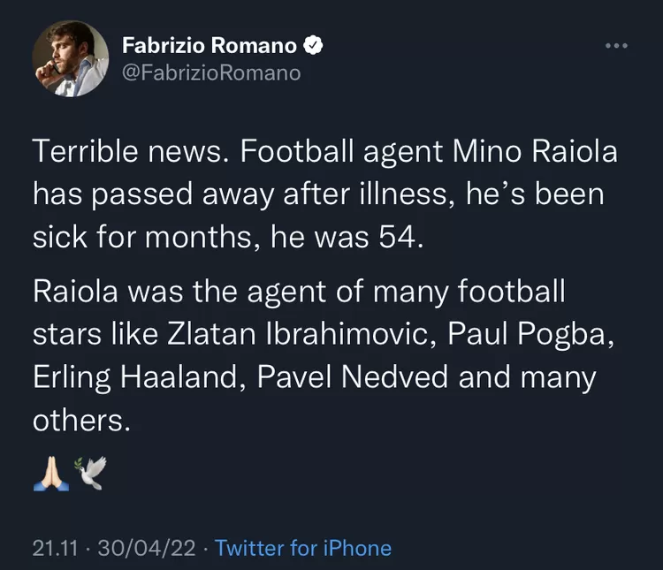 Kabar meninggalnya Mino Raiola dibagi oleh Fabrizio Romano