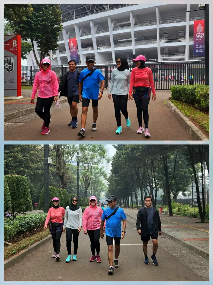 Ketua Majelis Wali Amanat Universitas Indonesia (MWA UI) Saleh Husin (kaos  biru) olahraga jalan cepat di seputaran stadion GBK bersama teman-teman dari Fakultas Kedokteran Gigi UI (FKG UI) dan dosen kriminologi FISIP UI, Minggu (3/7/2022). (Istimewa) 