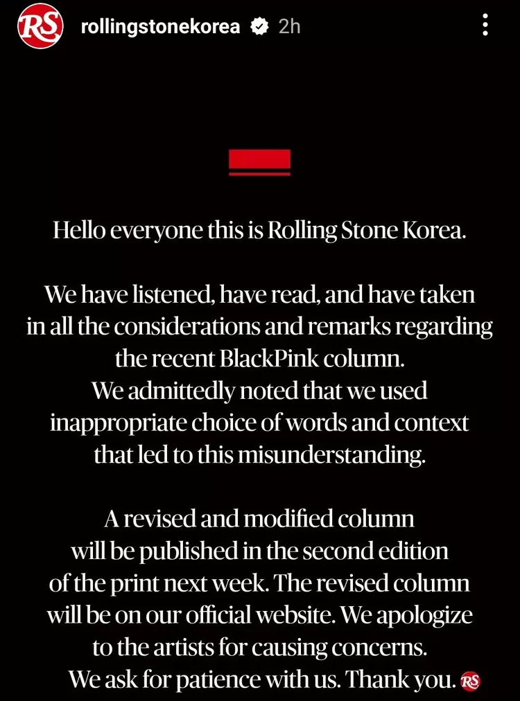 Pernyataan maaf Rolling Stone Korea
