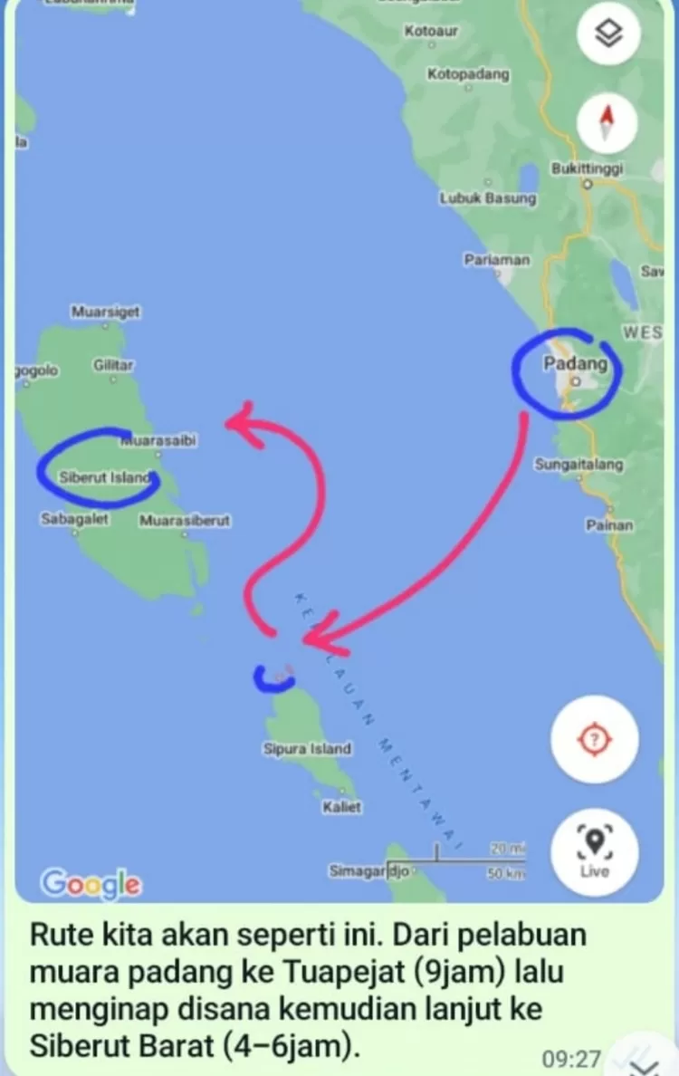 Peta rute Tim Kesehatan Yellow Clinic yang akan diterjunkan ke lokasi gempa bumi di Pulau Siberut, Kepulauan Mentawai, Sumatera Barat 