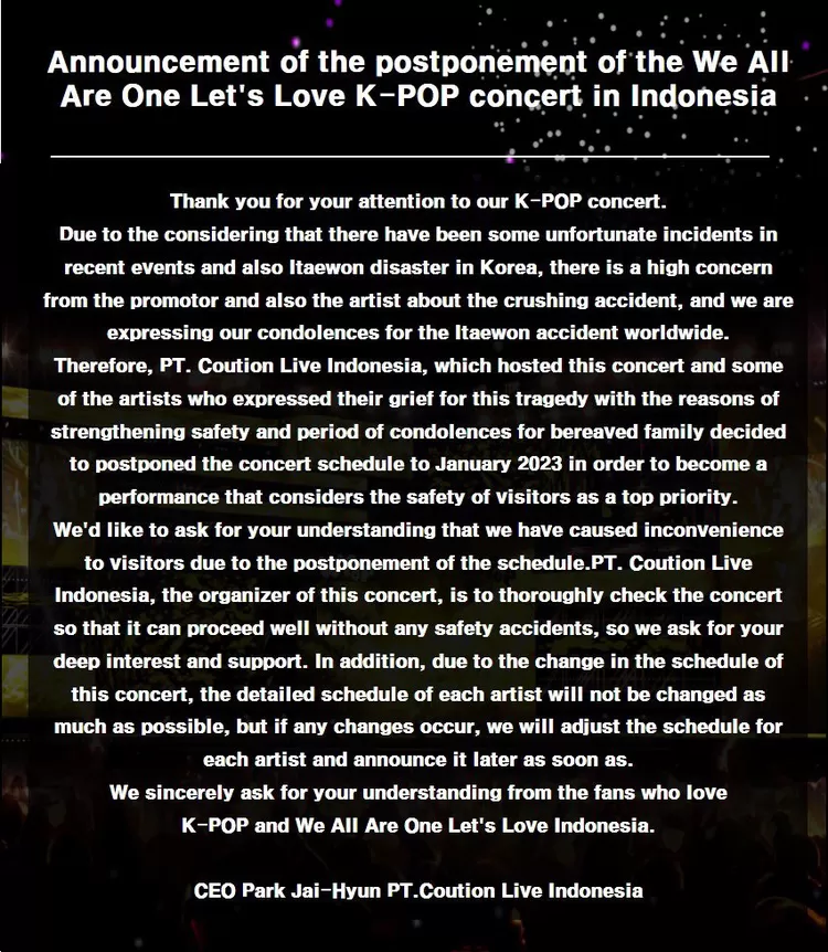 Pengumuman ditundanya konser 'We All Are One'