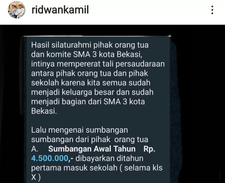 Terkait Sumbangan Di SMA 3 Kota Bekasi, pesan Ridwan Kamil  tidak boleh ada pungutan apapun