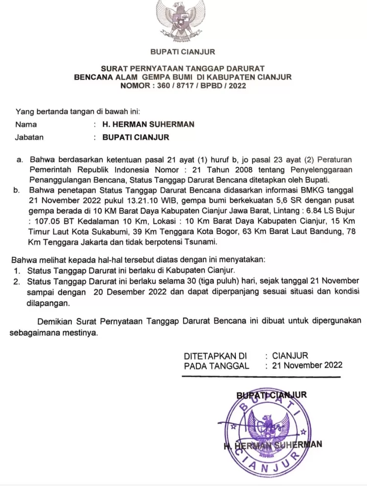 Bupati Cianjur Tetapkan Status Tanggap Darurat Bencana Gempa Bumi ...