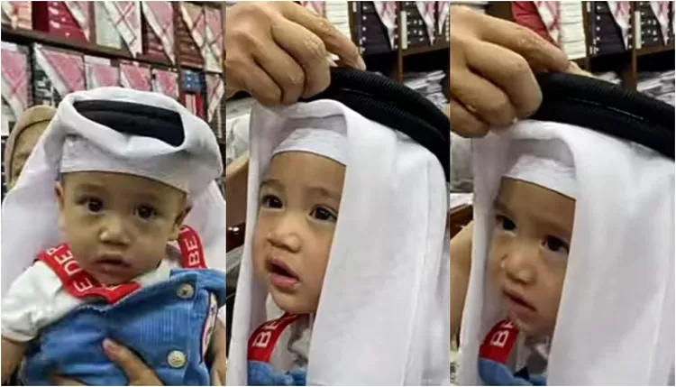 Rayyanza memakai sorban Cosplay jadi Sultan Qatar