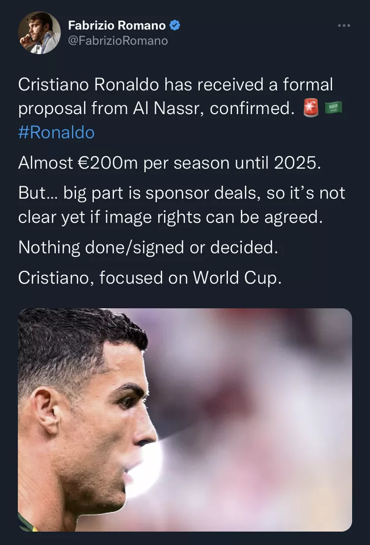Fabrizio Romano memberikan konfirmasi terkait Cristiano Ronaldo ke klub Arab Saudi