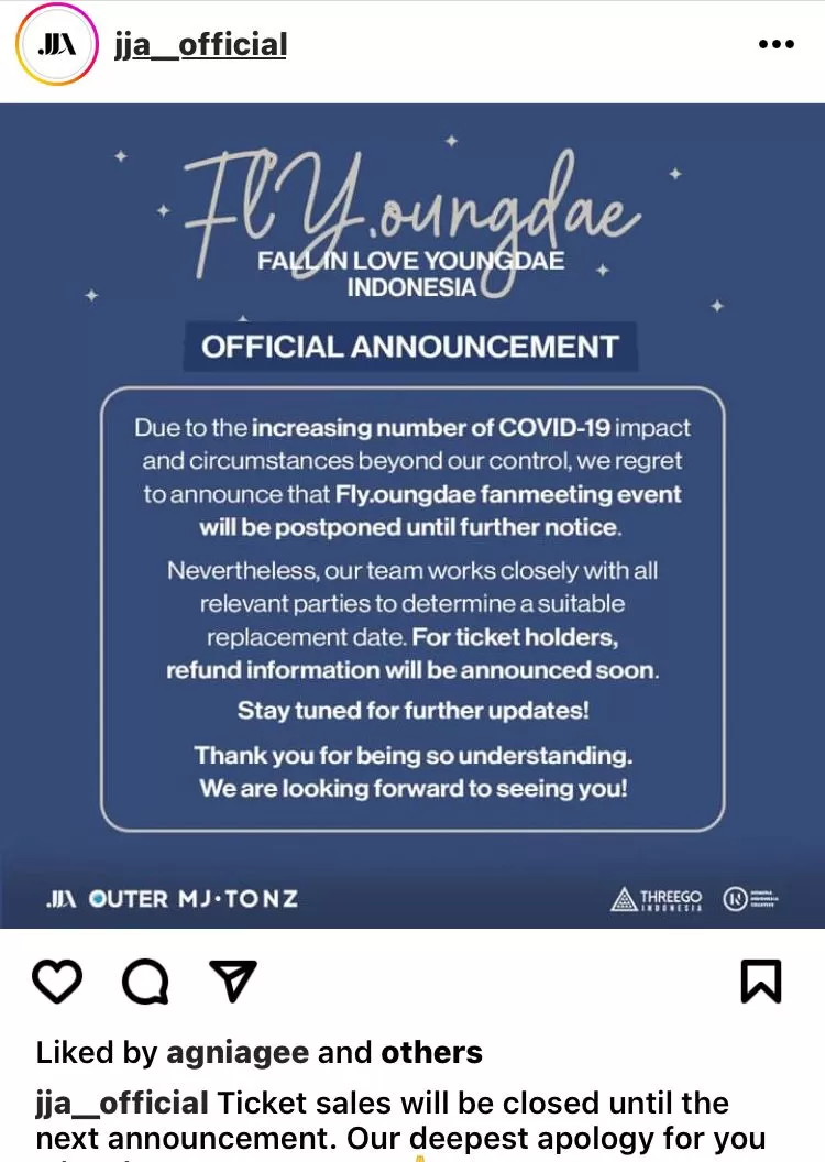 Pengumuman penundaan fan meeting Kim Young Dae dari (Instagram/@jja__official)