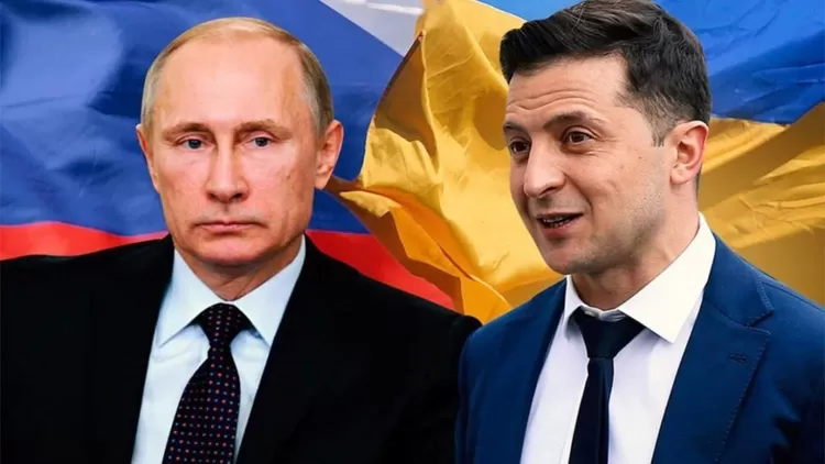 Potret Kolase Presiden Rusia Vladimir Putin bersama dengan Presiden Ukraina Volodymyr Zelenskiy 