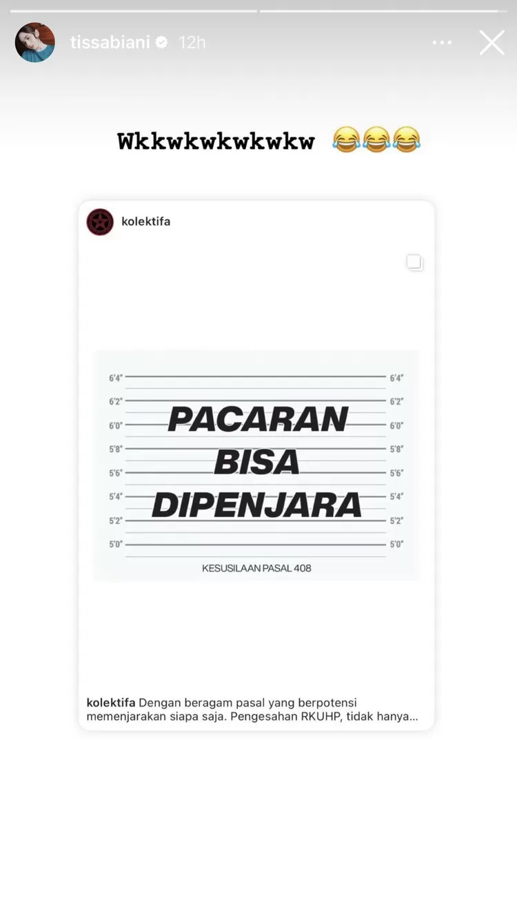 Unggahan Instastory Tissa Biani