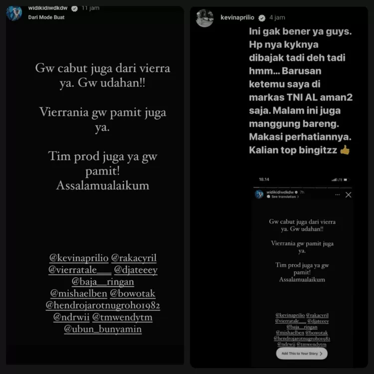 Unggahan instastory Widy dan Kevin Aprilio.