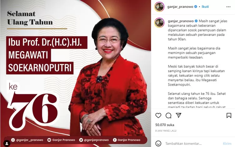 Postingan Ganjar Pranowo saat mengucapkan ulang tahun ke ibu Megawati Soekarnoputri.