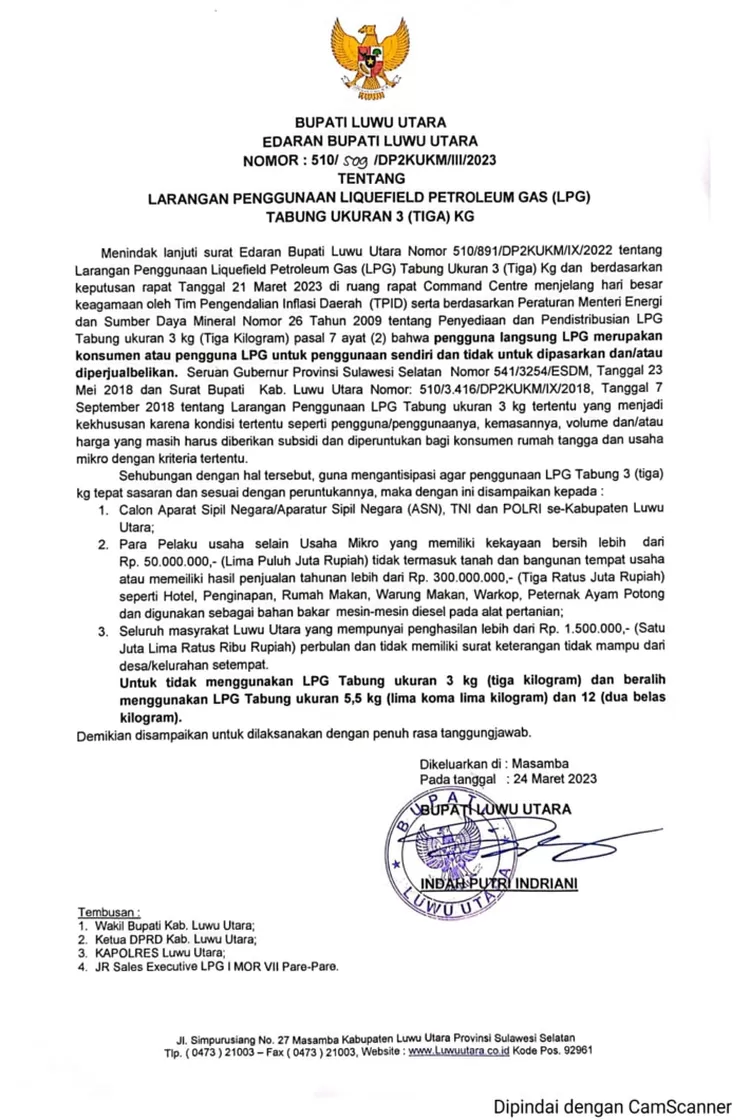 ASN Luwu Utara Dilarang Gunakan LPG Tabung Ukuran 3 Kg
