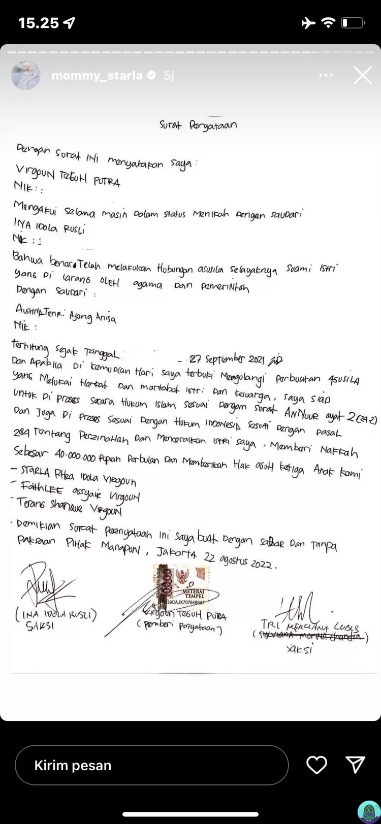 Surat pernyataan pengakuan Virgoun