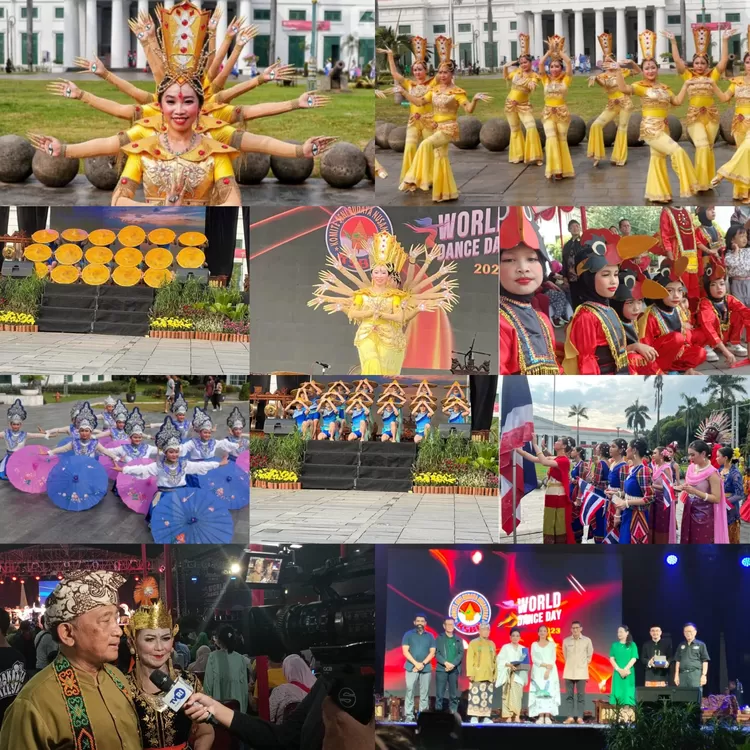 Berbagai atraksi tari disuguhkan oleh 2500 penari dari 90 grup  dari dalam dan luar negeri sebagai peserta Word Dance Day (WDD) 2023 di  Taman Museum Fatahillah Kota Tua, Jakarta, Sabtu malam (6/05/2023)